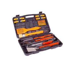 SET BARBECUE 18 PEZZI CON VALIGETTA BBQ GRILL ACCIAIO INOX MANICO LEGNO 6498010
