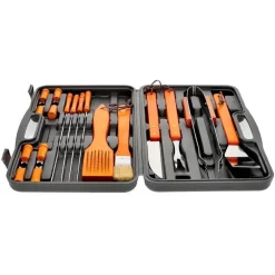 SET BARBECUE 18 PEZZI CON VALIGETTA BBQ GRILL ACCIAIO INOX MANICO LEGNO 6498010