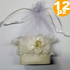 SET BOMBONIERA BOMBONIERE SACCHETTO IN ORGANZA BIANCO PIZZO FIORE PORTA CONFETTI