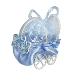 SET BOMBONIERA CARROZZINO IN METALLO PORTACONFETTI NASCITA BATTESIMO BIMBO BLU
