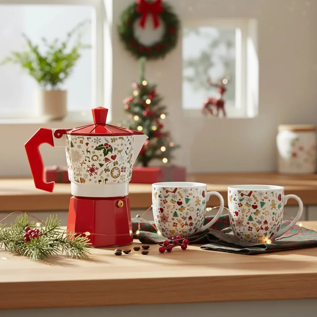 SET BOX CAFFETTIERA MOKA CON 2 TAZZE IN CERAMICA ABBINATE DESIGN NATALIZIO IDEA REGALO