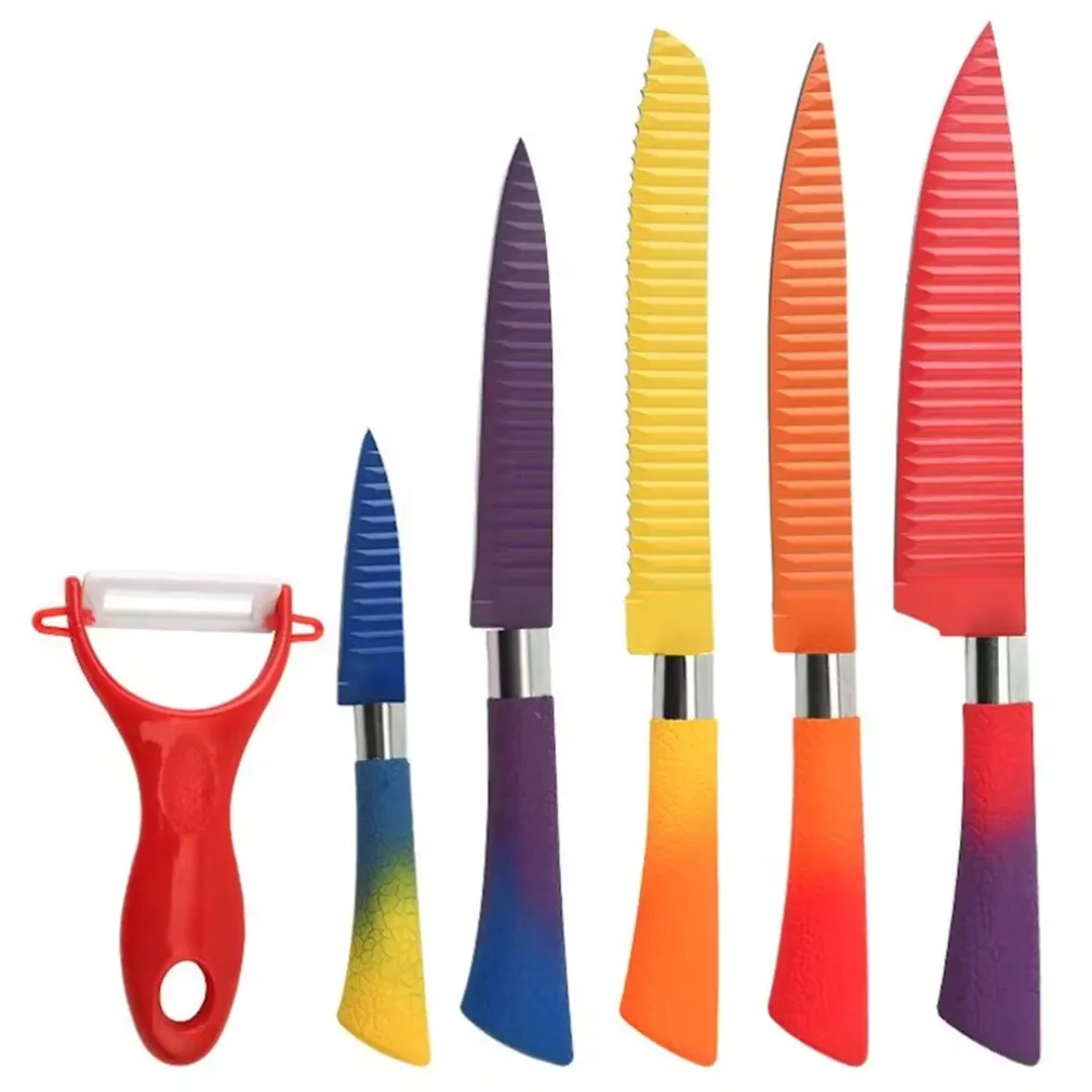 SET DI COLTELLI DA 6PZ COLORATI CON LAMA IN RILIEVO MANIGLIA ANTISCIVOLO UTENSILI CUCINA