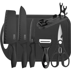 SET DI 7PZ COLTELLI DA CUCINA PROFESSIONALI CHEF FORBICI PELAPATATE ACCIAIO NERO