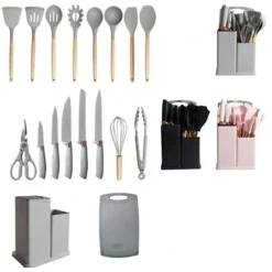 SET DI UTENSILI COLTELLI DA CUCINA DA CHEF DA 19 PEZZI IN SILICONE CON MANICO IN LEGNO