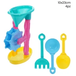 SET GIOCHI DA SPIAGGIA PER BAMBINI 4PZ CON MULINO RASTRELLO PALETTE 10X23CM 258268