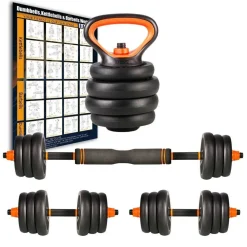 SET 6IN1 MULTIFUNZIONE PESO 15KG MANUBRI CON BILANCIERE E KETTLEBELL COMPONIBILE