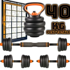 SET 6IN1 MULTIFUNZIONE PESO 40 KG MANUBRI CON BILANCIERE E KETTLEBELL COMPONIBILE