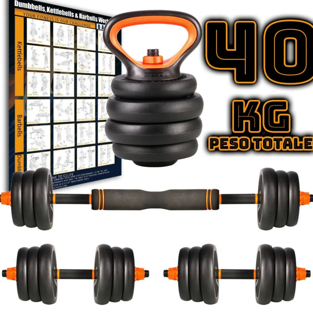 SET 6IN1 MULTIFUNZIONE PESO 40 KG MANUBRI CON BILANCIERE E KETTLEBELL COMPONIBILE