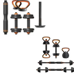 SET 6IN1 MULTIFUNZIONE PESO 40 KG MANUBRI CON BILANCIERE E KETTLEBELL COMPONIBILE