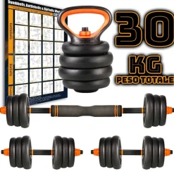 SET 6IN1 MULTIFUNZIONE PESO 30 KG MANUBRI CON BILANCIERE E KETTLEBELL COMPONIBILE