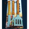 SET PER BARBECUE GRILL IN ACCIAIO MANICO LEGNO COLTELLO PALETTA FORCHETTONE
