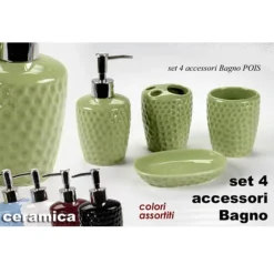 SET 4PZ ACCESSORI BAGNO DOSATORE PORTA SAPONE SPAZZOLINO IN CERAMICA POIS 616280