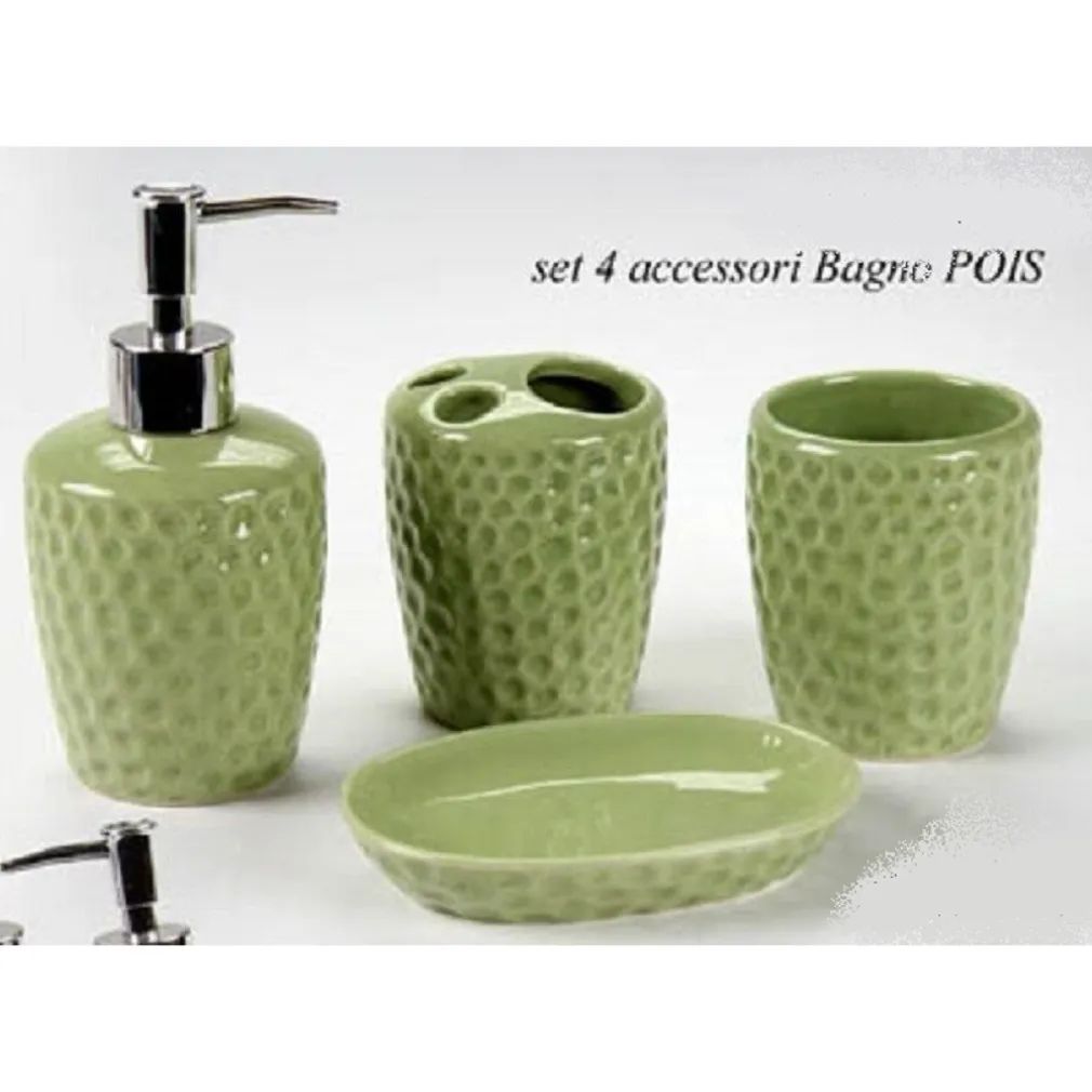 SET 4PZ ACCESSORI BAGNO DOSATORE PORTA SAPONE SPAZZOLINO IN CERAMICA POIS 616280