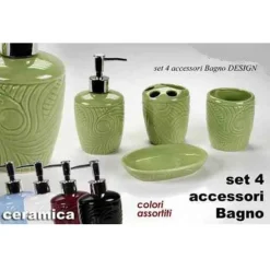 SET 4PZ ACCESSORI BAGNO IN CERAMICA PORTA SAPONE SPAZZOLINO DECORO DESIGN 616297