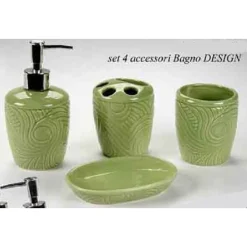 SET 4PZ ACCESSORI BAGNO IN CERAMICA PORTA SAPONE SPAZZOLINO DECORO DESIGN 616297