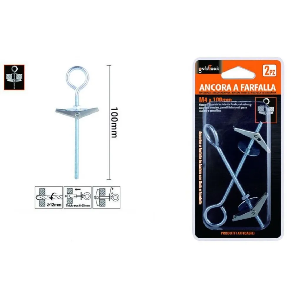 SET 2PZ ANCORA FARFALLA CON OCCHIOLO CHIUSO ACCIAIO DADO RONDELLA M4X100MM 57232