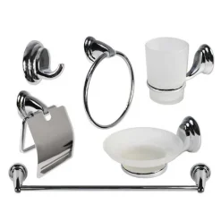SET 6PZ BAGNO ACCIAIO CROMATO VETRO SATINATO ARREDO CASA SAPONE SPAZZOLINI 69985