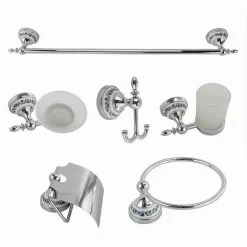 SET 6PZ BAGNO ACCIAIO VETRO CERAMICA BLU NERE 52438 PORTA ROTOLO SAPONE ASCIUGAMANO