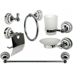 SET 6PZ BAGNO ACCIAIO VETRO CERAMICA BLU NERE 52438 PORTA ROTOLO SAPONE ASCIUGAMANO