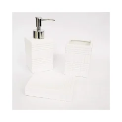 SET 3PZ BAGNO BIANCO STRISCE QUADRI IN CERAMICA DISPENSER SAPONE PORTA SAPONE SPAZZOLINI