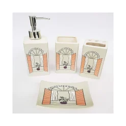 SET 4PZ BAGNO FANGO FINESTRA FLOWER CERAMICA DISPENSER SAPONE PORTA SAPONETTA BICCHIERE SPAZZOLINI
