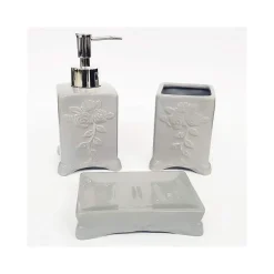 SET 3PZ BAGNO GRIGIO FIORI FLOLREALE CERAMICA DISPENSER SAPONE PORTA SAPONETTA BICCHIERE SPAZZOLINI