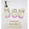 SET 4PZ BAGNO STRISCE LILLA FLOREALE CERAMICA DISPENSER SAPONE BICCHIERE SPAZZOLINI