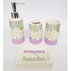 SET 4PZ BAGNO STRISCE LILLA FLOREALE CERAMICA DISPENSER SAPONE BICCHIERE SPAZZOLINI