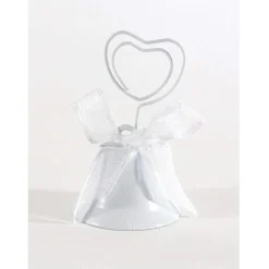 SET 6PZ CAMPANELLE SEGNAPOSTO CUORE CLIP NASTRINO BIANCO SEGNATAVOLA BOMBONIERA WEDDING