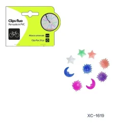 SET 30PZ CLIPS FLUO COLORATE STELLE LUNA SOLE IN PVC PER RAGGI RUOTE BICI XC-1619