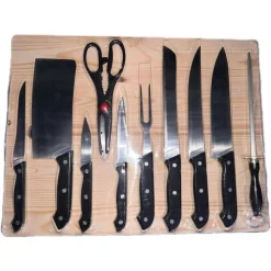 SET 11PZ CON COLTELLO DA PANE CUCINA CARNE VERSATILE TAGLIERE IN LEGNO FORBICI FORCHETTA