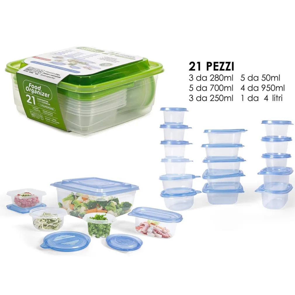 SET 21PZ CONTENITORI CON COPERCHI PER ALIMENTI IN PLASTICA TRASPARENTI IMPILABILI MICROONDE