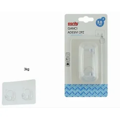 SET 2PZ GANCI ADESIVI APPENDINO DOPPIO RETTANGOLARE CASA PARETE TRASPARENTE 87758