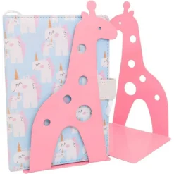 SET 2PZ GRAZIOSO FERMA LIBRI A FORMA DI GIRAFFA IN METALLO SCRIVANIA BAMBINI ROSA