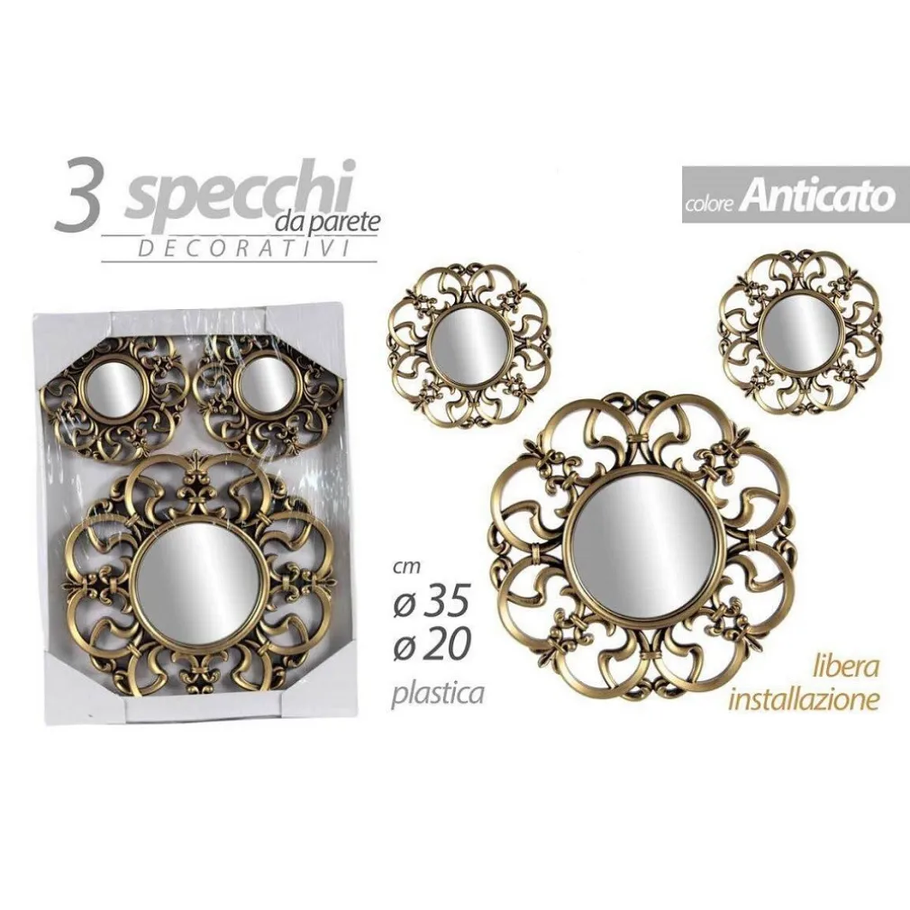 SET 3PZ SPECCHI PARETE DECORATIVI ORO BRONZO LIBERA INSTALLAZIONE 20-35CM 836893