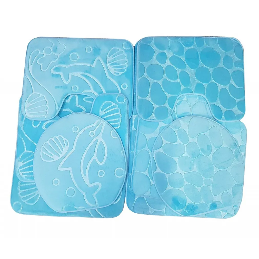 SET 4PZ TAPPETO AZZURRO BAGNO WC COPRISEDILE ANTISCIVOLO MEMORY FOARM DELFINI/SASSI