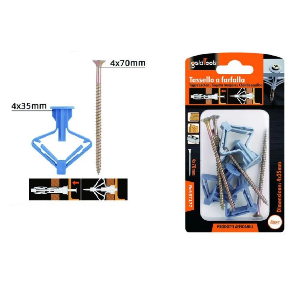 SET 4PZ TASSELLI AD ESPANSIONE TASSELLO A FARFALLA 4X35MM VITI VITE 4X70MM 57177