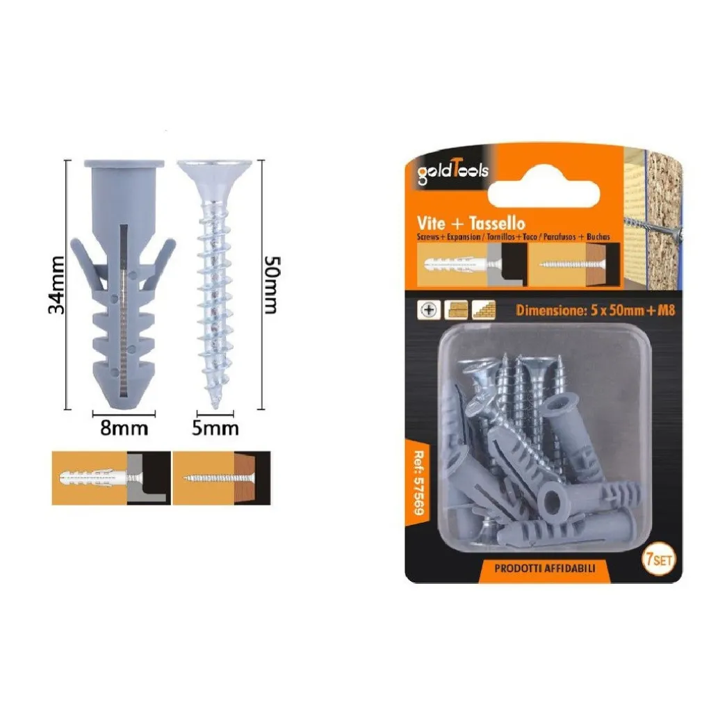 SET 7PZ VITI VITE CROCE 5 X 50MM + TASSELLI CON ALETTE TASSELLO M8 FISCHER 57569