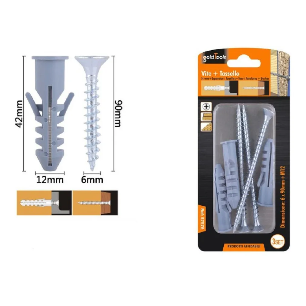 SET 3PZ VITI VITE CROCE 6X90 MM + TASSELLI CON ALETTE TASSELLO M12 FISCHER 57576
