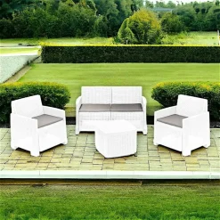 SET SALOTTO COMO EFFETTO RATTAN INTRECCIATO CON DIVANO POLTRONE TAVOLINO CONTENITORE