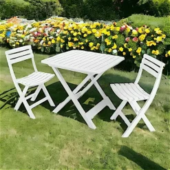 SET SALOTTO CON 2 SEDIE TAVOLO DA GIARDINO PIEGHEVOLE RESISTENTE CAMPING BIANCO 006669