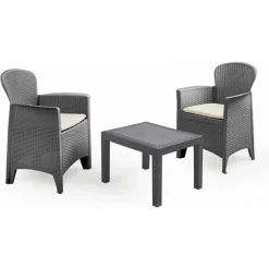 SET SALOTTO CON TAVOLINO 2 POLTRONE ANTRACITE EFFETTO RATTAN CON CUSCINI GIARDINO 591042