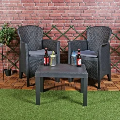 SET SALOTTO CON TAVOLINO 2 POLTRONE ANTRACITE EFFETTO RATTAN CON CUSCINI GIARDINO 591042