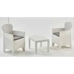 SET SALOTTO CON TAVOLINO 2 POLTRONE BIANCO EFFETTO RATTAN CON CUSCINI GIARDINO 591073