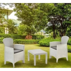 SET SALOTTO CON TAVOLINO 2 POLTRONE BIANCO EFFETTO RATTAN CON CUSCINI GIARDINO 591073