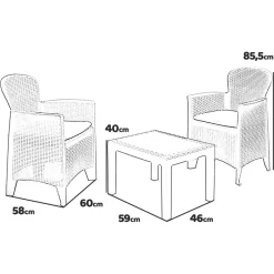 SET SALOTTO CON TAVOLINO 2 POLTRONE BIANCO EFFETTO RATTAN CON CUSCINI GIARDINO 591073