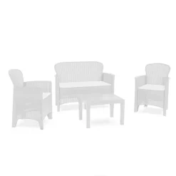 SET SALOTTO GIARDINO CON DIVANO 2 POLTRONE TAVOLINO CUSCINI EFFETTO RATTAN BIANCO 156036
