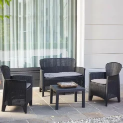 SET SALOTTO GIARDINO DIVANO 2 POLTRONE TAVOLINO CUSCINI EFFETTO RATTAN ANTRACITE 156043