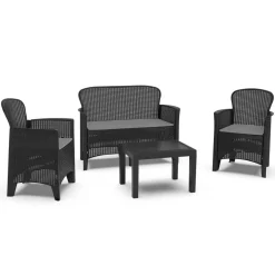 SET SALOTTO GIARDINO DIVANO 2 POLTRONE TAVOLINO CUSCINI EFFETTO RATTAN ANTRACITE 156043