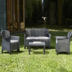 SET SALOTTO GIARDINO DIVANO 2 POLTRONE TAVOLINO CUSCINI EFFETTO RATTAN ANTRACITE 156043